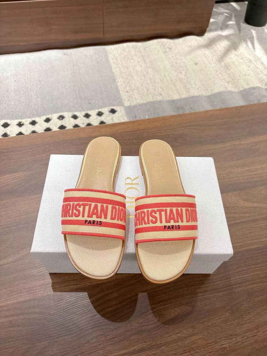 Dior Dway striped embroidered slide sandals, flat-3